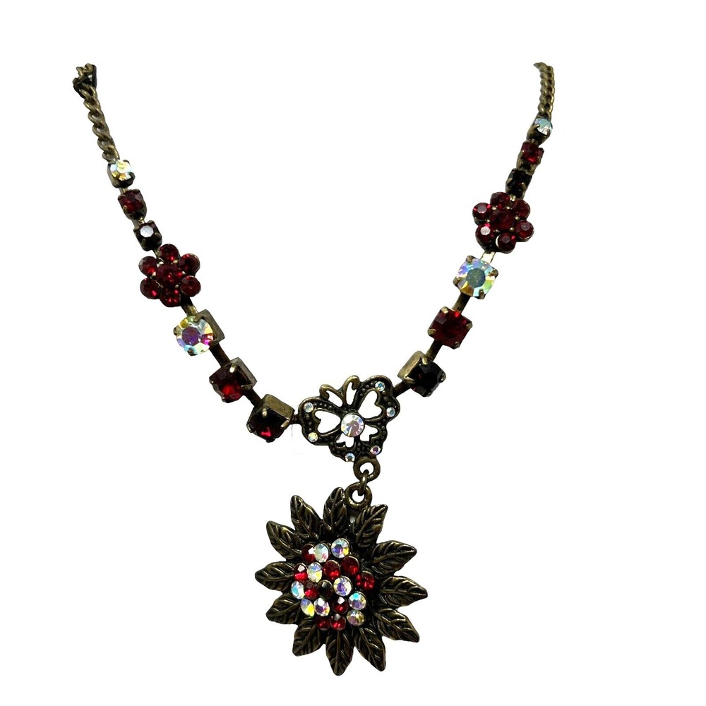 Cookie Lee‎ Necklace Red Clear AB Crystal Flower Necklace Gold Tone